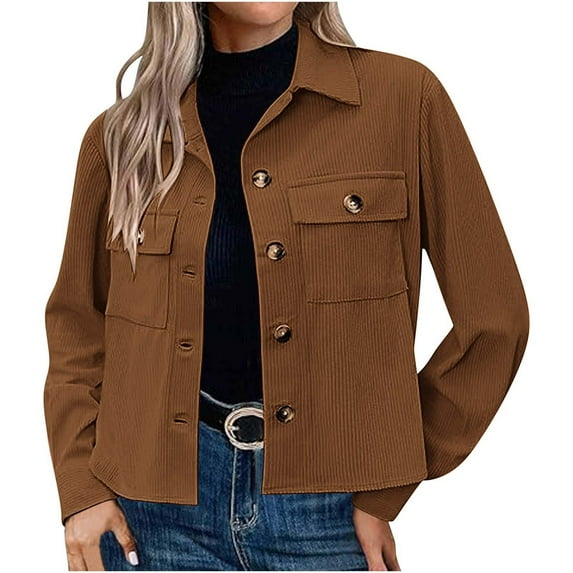 JGGSPWM Women's Fashion Corduroy Cropped Shacket Button Down Jacket Long Sleeve Top Trendy Shirt Brown XL