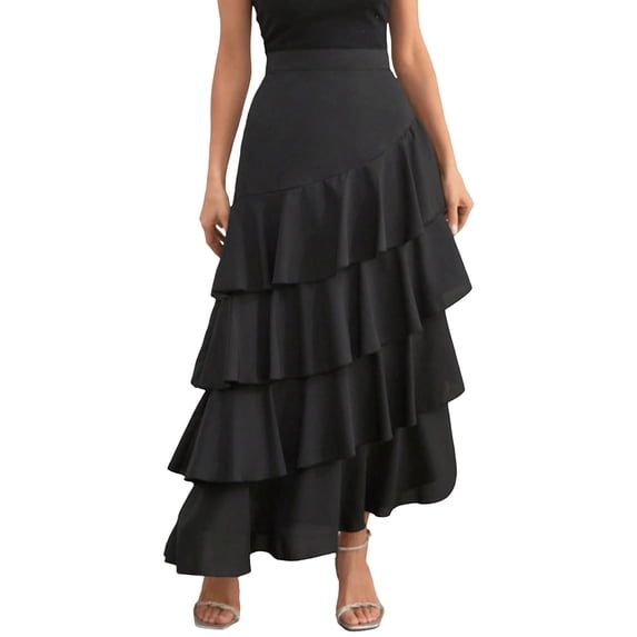 JGGSPWM Women's Fashion Elegant Irregular Ruffle Hem Skirt Party Tiered Layered Maxi Long Skirt Black S