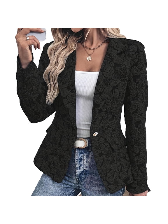 Women's Fashion Floral Jacquard Long Sleeve Blazers Open Front Notch Lapel Business Work Suit Jackets Black XXXL