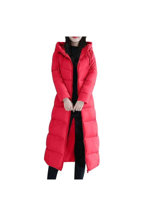 Women's Fashion Hooded Quilted Long Puffer Jacket Waterproof Winter Maxi Parka Thick Warm Insulated Coat Red L