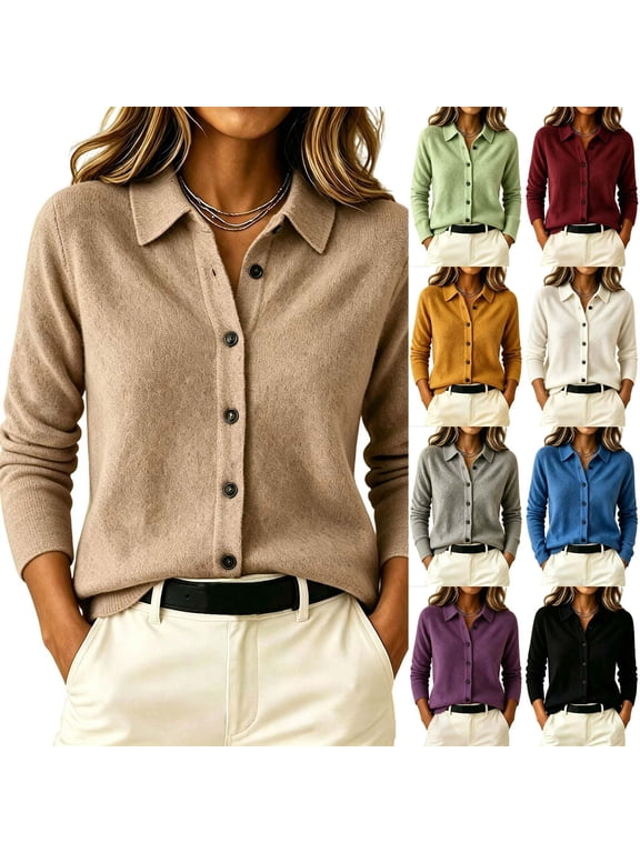 Women's Fashion Lapel Collar Button Down Knit Cardigan Loose Fall Winter Warm Thin Long Sleeved Sweater Jacket Versatile Top White L