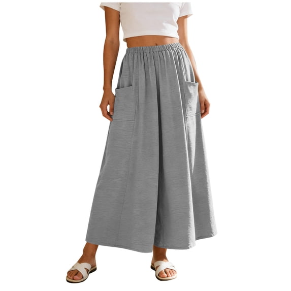 JGGSPWM Women's Fashion Long Skirts Flowy High Waist A Line Maxi Skirts Solid Color Casual Summer Pleated Midi Skirt with Pocket Gray XXL