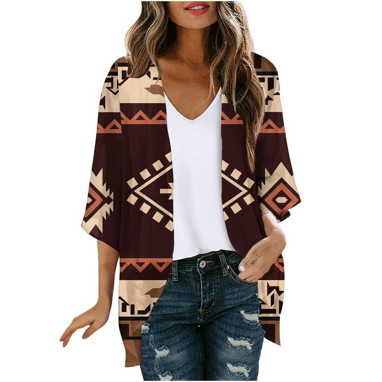 JGGSPWM Women s Fashion Loose Slimming Ethnic V Neck Batwing Sleeve Cardigan Breathable Chiffon Cardigans Brown S Walmart