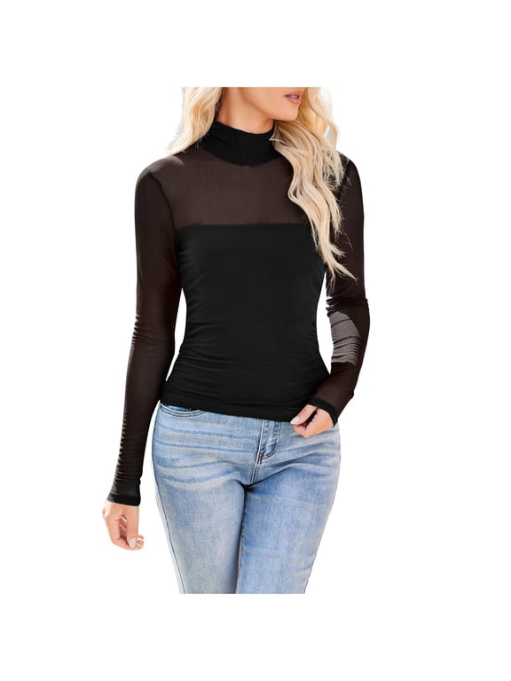 Women's Fashion Mock Turtle Neck Long Sleeve Tops Sheer Mesh Ruched Trendy Going Out Shirts Blouse Black XXL