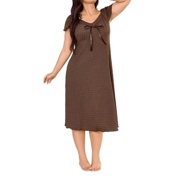 JGGSPWM Women's Fashion Plus Size Dress Bow Front Short Sleeve V-Neck Smocked Solid Color Long Sleepshirts Brown XXXXL