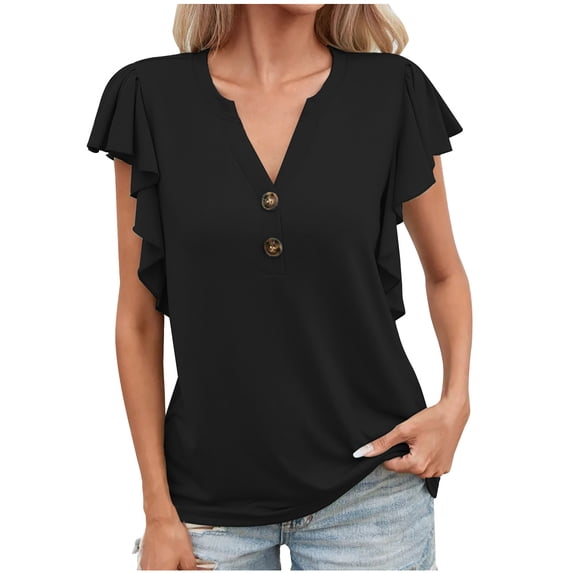 JGGSPWM Women's Fashion Relaxed Short Sleeve V Neck Solid Blouses Plus Size Button up Ruffle Sleeve Plain Soft Tops Black XL