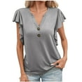 thumbnail image 1 of JGGSPWM Women's Fashion Relaxed Short Sleeve V Neck Solid Blouses Plus Size Button up Ruffle Sleeve Plain Soft Tops Gray M, 1 of 6