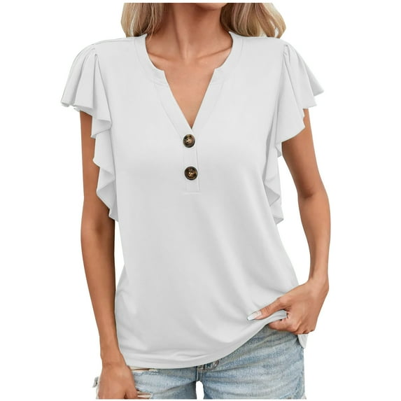 JGGSPWM Women's Fashion Relaxed Short Sleeve V Neck Solid Blouses Plus Size Button up Ruffle Sleeve Plain Soft Tops White S