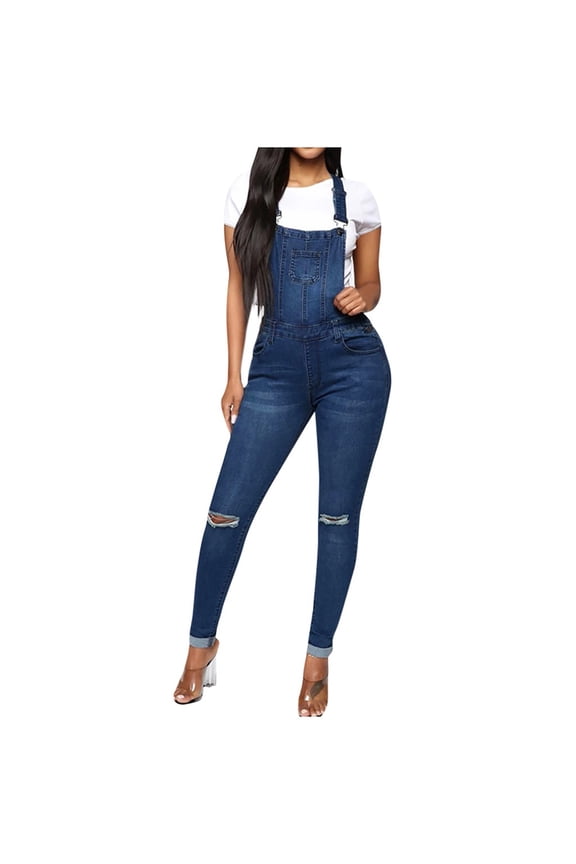 Women's Fashion Ripped Distressed Stretch Skinny Fit Jumpsuit Denim Overalls for Women Jeans with Pocket Dark Blue XL