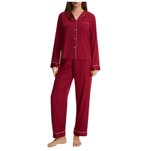 JGGSPWM Women's Fashion Solid Color Casual Collared Button-Up Cardigan with Long Sleeves Blouse and Pants Sleepwear Homewear Set Red XL