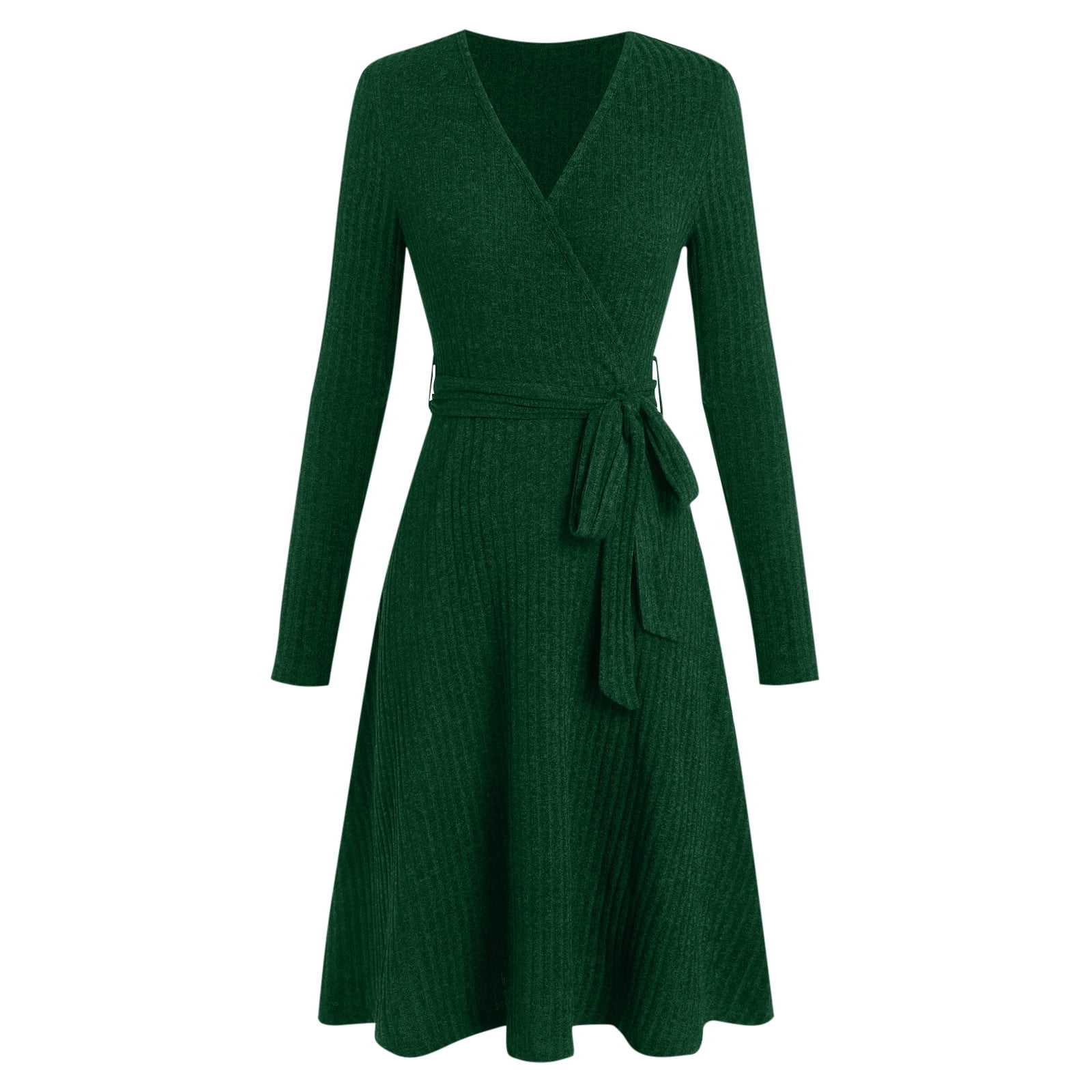Jggspwm Women's Fashion Solid Color Casual V Neck Long Sleeve Sweater Dress Wrap Brushed Pleated Midi Dresses Button Pockets Dress Green XXL