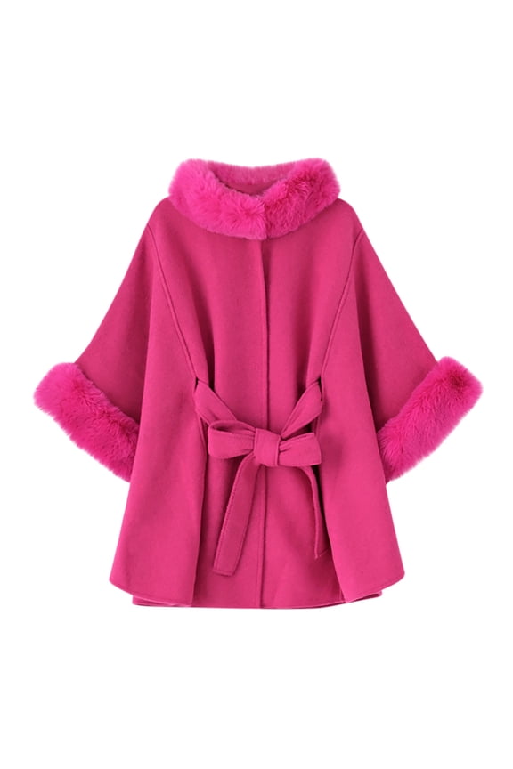 Women's Fashion Solid Color Faux Furry Collar Embellished Knit Wrap Shawl Cape Cardigan Loose Coat Jacket Pink Free Size