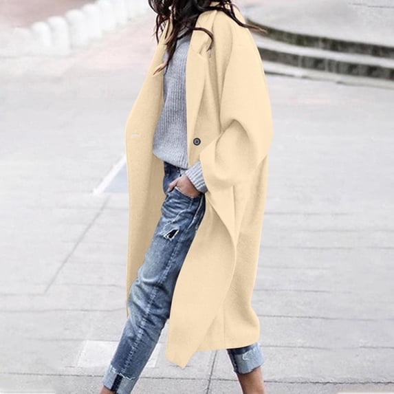 JGGSPWM Women's Fashion Solid Color Oversized Notched Collar Woolen Blend Single Breast Pockets Long Trench Coat Beige M