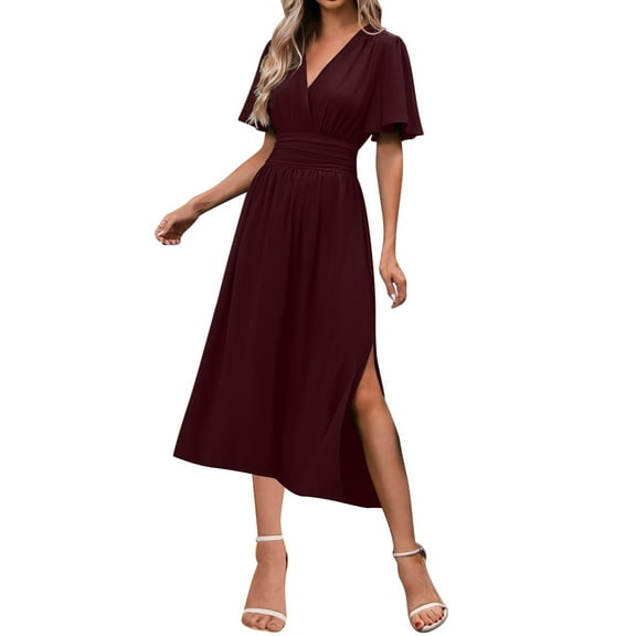 JGGSPWM Women's Fashion Solid Short Sleeve V-Neck Pleated Dresses Long Dress Elastic Waist Boho Beach Dress Pockets Red M