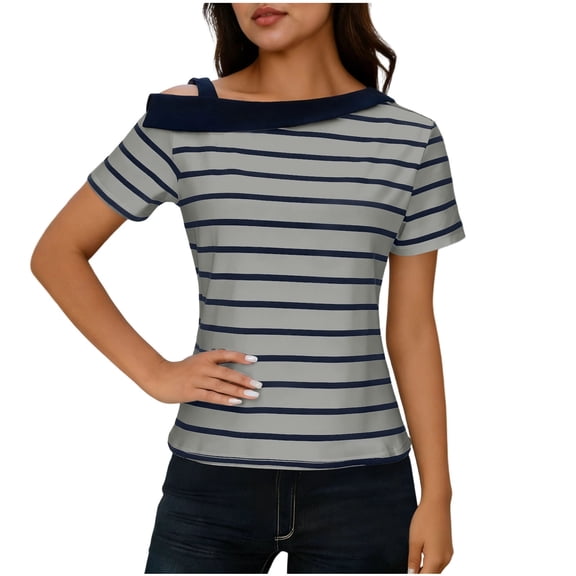 JGGSPWM Women's Fashion Striped Casual Short Sleeve Tops Asymmetric Off-Shoulder Patchwork T-Shirt for Spring Summer Gray M