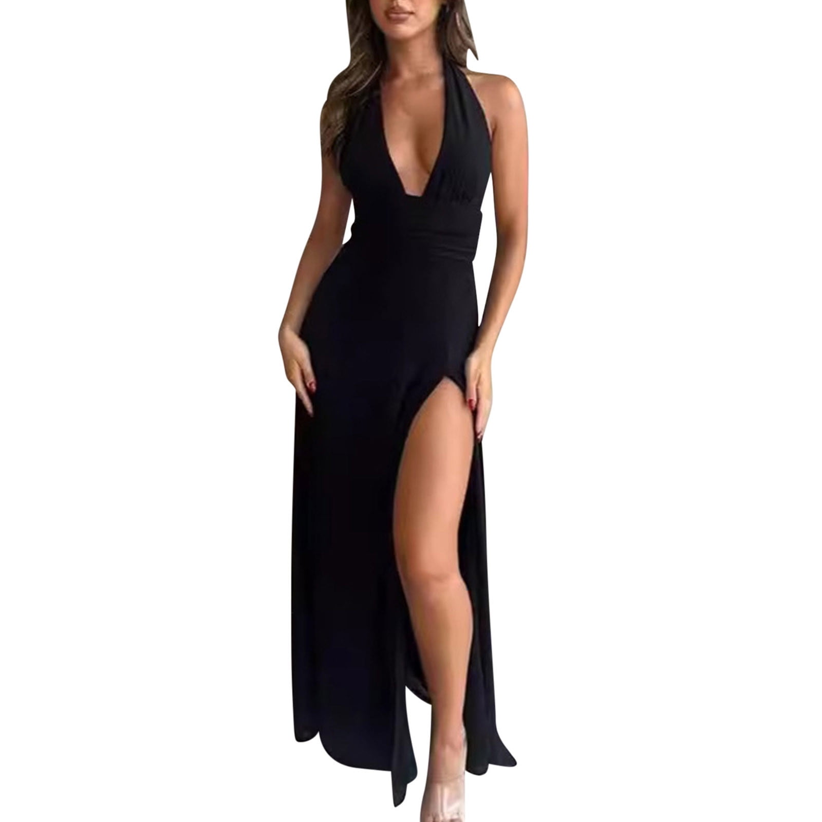 JGGSPWM Women's Fashion Summer Solid Color Sleeveless Deep V Neck High Slit  Backless Club Party Date Night Maxi Dress Black S - Walmart.com