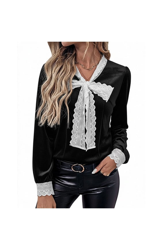Women's Fashion Vintage Patchwork Lace Trim Bow Tie Front Tops Fall Long Sleeve V Neck Blouses Casual Slim Fit Velvet Shirts Black S