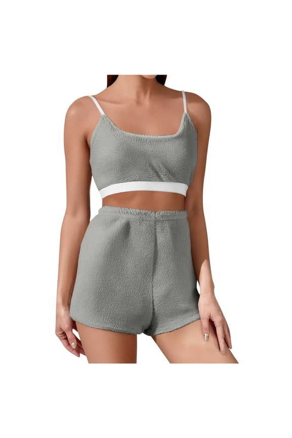 Women's Fashion with Cushion Bottoming Pajamas Set Bra Set Loose Elastic Camisole Corset Pajama Pants Solid Color Home Wear Set Gray S