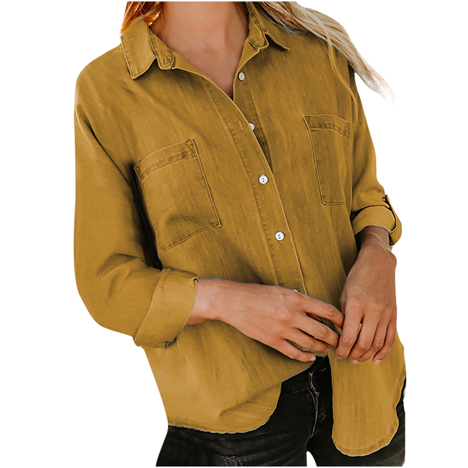 JGGSPWM Women's Faux Denim Shirts Long Sleeve Lapel Button Down Blouse and  Shirts Casual Loose Fit Jean Lapel Shirt Yellow XL 