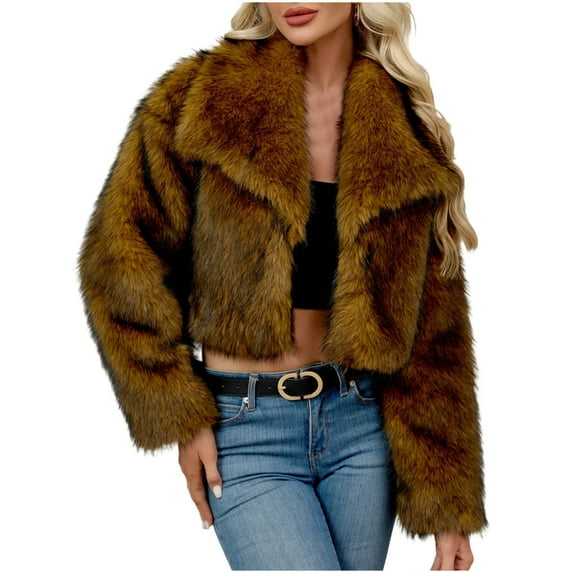 JGGSPWM Women's Faux Furry Coat Fleece Warm Winter Jacket Long Sleeve Solid Color Short Lapel Jacket Outerwear Brown L