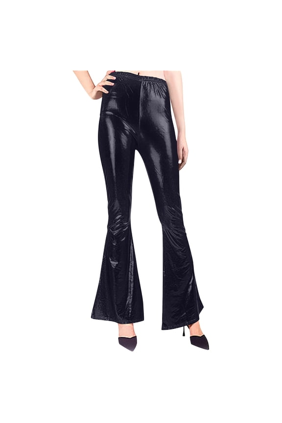 Women's Faux Leather Bell Botom Flare Pants Shinny Metallic Sequins High Waist Stretchy Bell Bottom Flared Pants Black M