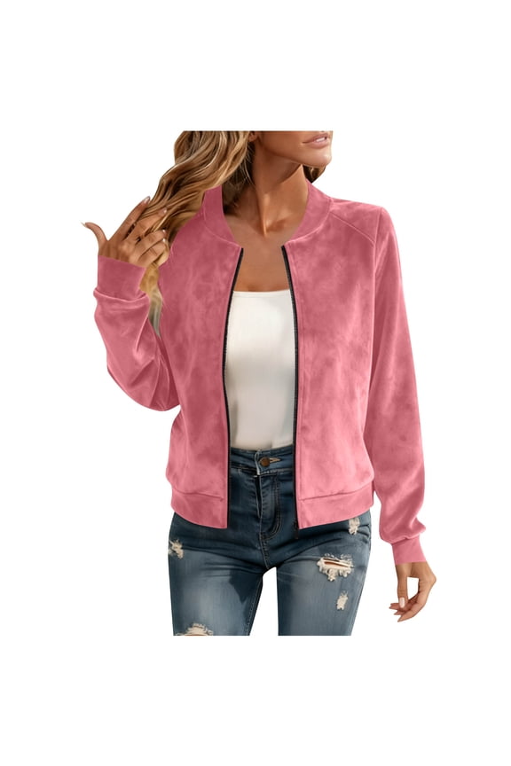 Women's Faux Suede Short Bomber Jacket Coat Stand Collar Lightweight Zip Up Fashion Casual Outerwear Tops Pink XL