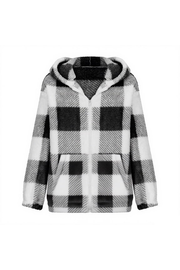 Women's Flannel Casual Plaid Jacket Full Zip Up Sherpa Lined Hoodie Jacket Fall and Winter Warm Coat with Pockets Black S