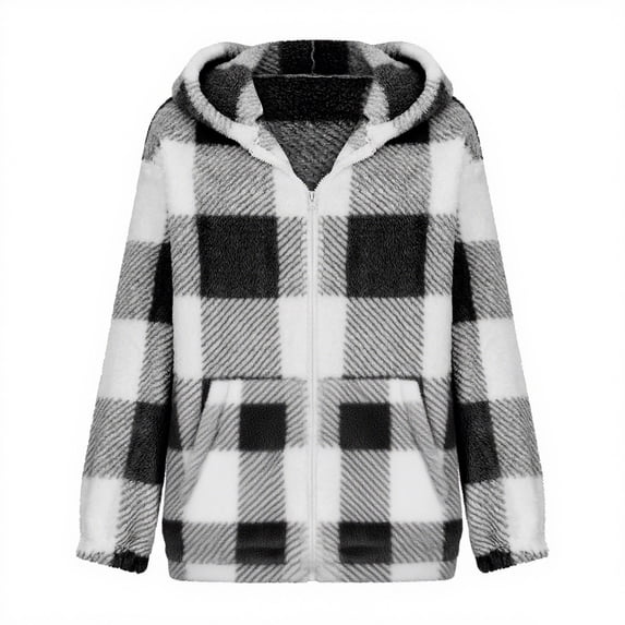 JGGSPWM Women's Flannel Casual Plaid Jacket Full Zip Up Sherpa Lined Hoodie Jacket Fall and Winter Warm Coat with Pockets Black XL