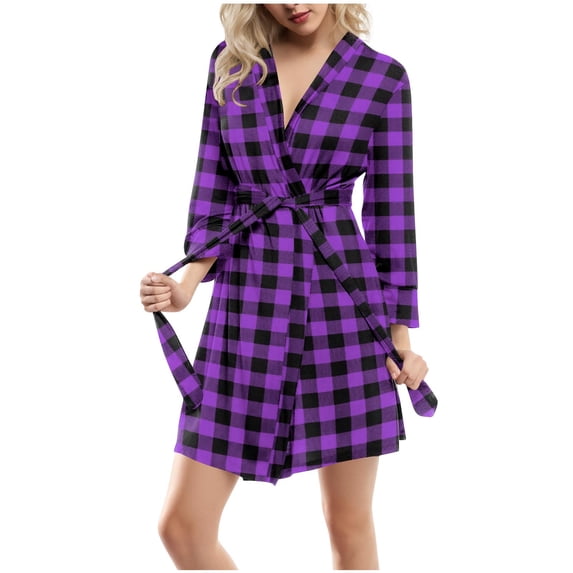 JGGSPWM Women's Flannel Plaid Robe Lightweight Soft Kimono Bathrobe Loose Long Sleeve V-Neck Loungewear Nightgown Purple M