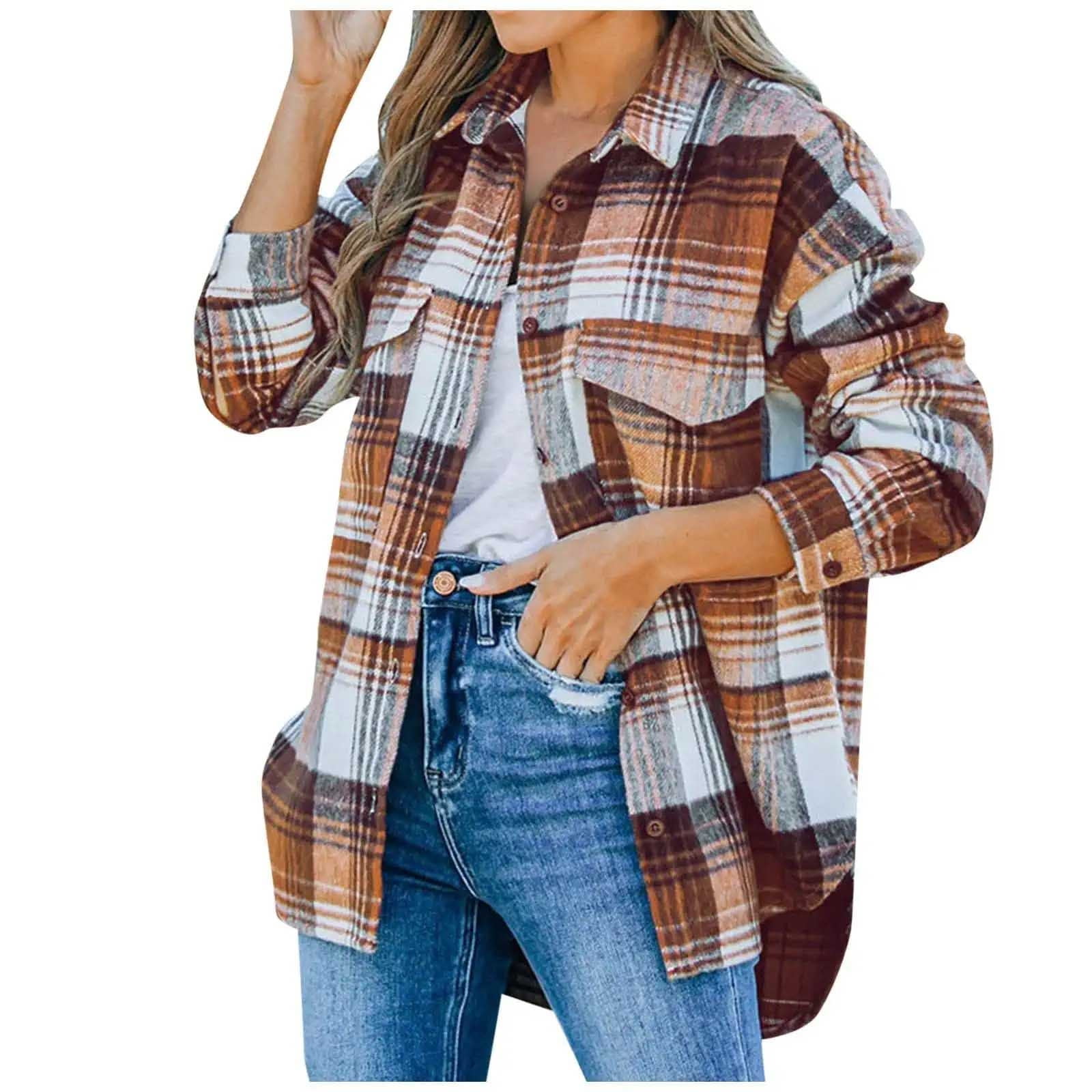 JGGSPWM Women's Flannel Shirts Long Sleeve Plaid Casual Button Down Regular  Fit Shacket Jacket Blouse Fall Spring Trendy Clothings Casual Plaid Tee