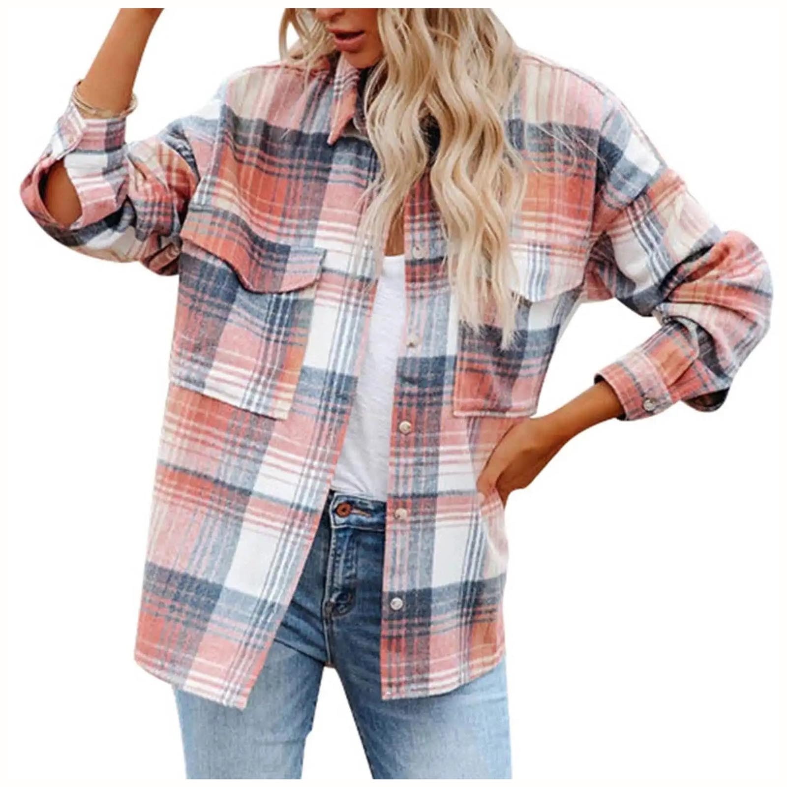 JGGSPWM Women's Flannel Shirts Long Sleeve Plaid Casual Button Down Regular  Fit Shacket Jacket Blouse Fall Spring Trendy Clothings Casual Plaid Tee