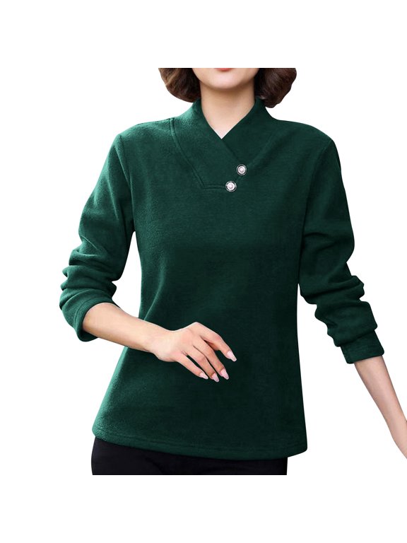 Women's Fleece Baselayer T-Shirts Loose Cross Mock Neck Long Sleeve Business Casual Tops Dressy Basic Solid Blouse Green XXL