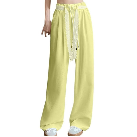 JGGSPWM Women's Fleece Lined Sweatpants Drawstring Elastic Wide Leg Thermal Winter Warm Baggy Sweat Pants with Pockets Yellow M