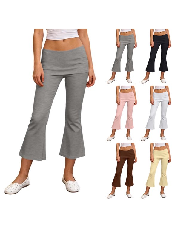 Women's Flod Over Waist Capris Stretchy Flared Leg Yoga Pants, Versatile Fashion Solid Cropped Travel Sweatpants Yellow S