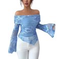 thumbnail image 1 of JGGSPWM Women's Floral Embroidered Off Shoulder Long Sleeve Tops Fall Mesh Ruched Fitted Trendy Going Out Shirts Blouses Blue L, 1 of 9
