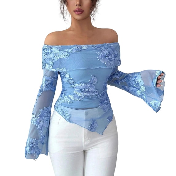 JGGSPWM Women's Floral Embroidered Off Shoulder Long Sleeve Tops Fall Mesh Ruched Fitted Trendy Going Out Shirts Blouses Blue L