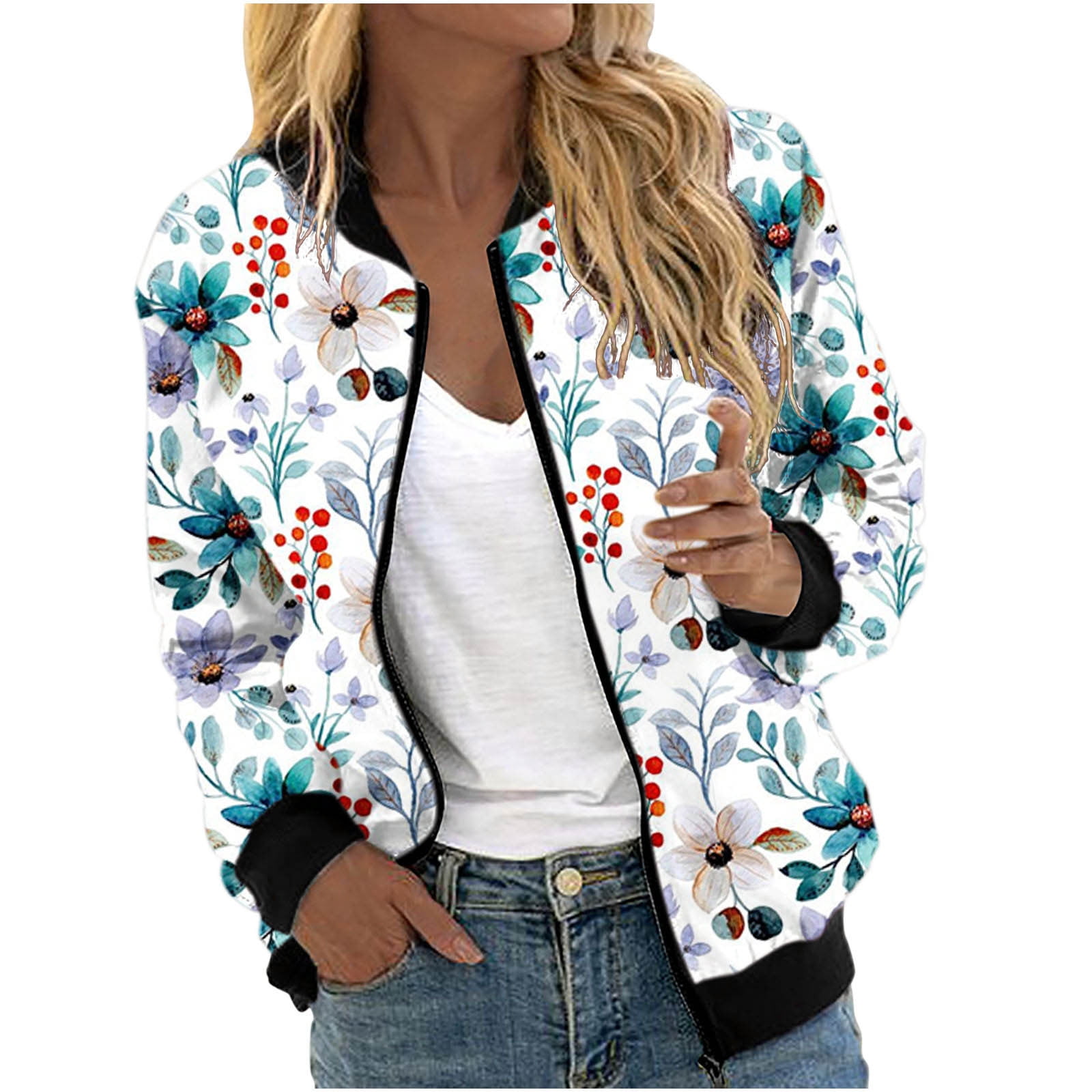 JGGSPWM Women's Floral Printed Cotton Jacket Full Zip Flower Coat  Lightweight Windbreaker Stand-up Collar Long Sleeve Pullover Inspired  Bomber Jacket