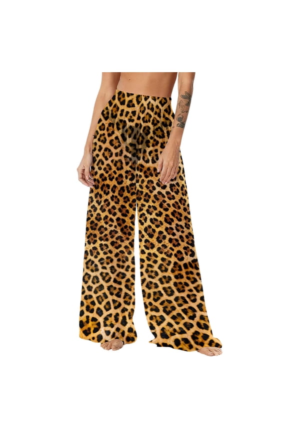 Women's Flowy Chiffon Lightweight Wide Leg Palazzo Pants Boho Floral Print Loose Fit See Through Swimsuit Beach Cover ups Pants Brown XXL