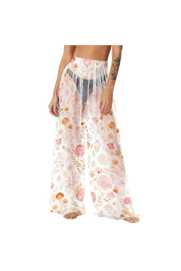 Women's Flowy Chiffon Lightweight Wide Leg Palazzo Pants Fashion Floral Print Loose See Through Beach Cover ups Pants White L