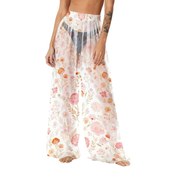 JGGSPWM Women's Flowy Chiffon Lightweight Wide Leg Palazzo Pants Fashion Floral Print Loose See Through Beach Cover ups Pants White S