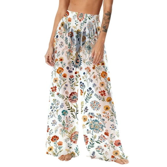 JGGSPWM Women's Flowy Chiffon Lightweight Wide Leg Palazzo Pants Fashion Floral Print Loose See Through Beach Cover ups Pants White S