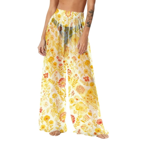 JGGSPWM Women's Flowy Chiffon Lightweight Wide Leg Palazzo Pants Fashion Floral Print Loose See Through Beach Cover ups Pants Yellow S