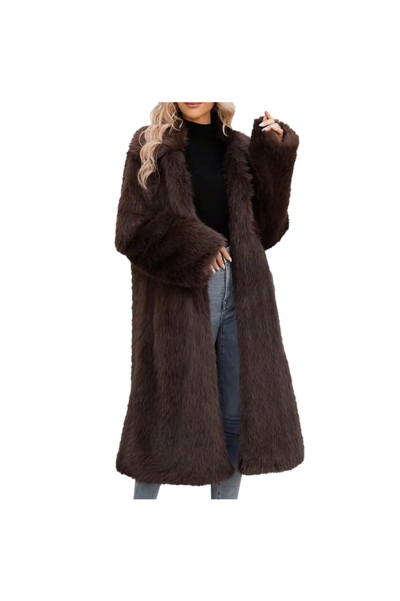 Women's Fluffy Faux Furry Overcoat Parka Long Coat Jackets Outerwear Brown 2XL