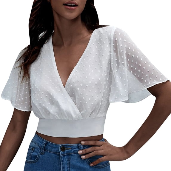 JGGSPWM Women's Flutter Sleeve Chiffon Wrap V-Neck Trendy Crop Blouses Dot Summer Dressy Tops White M