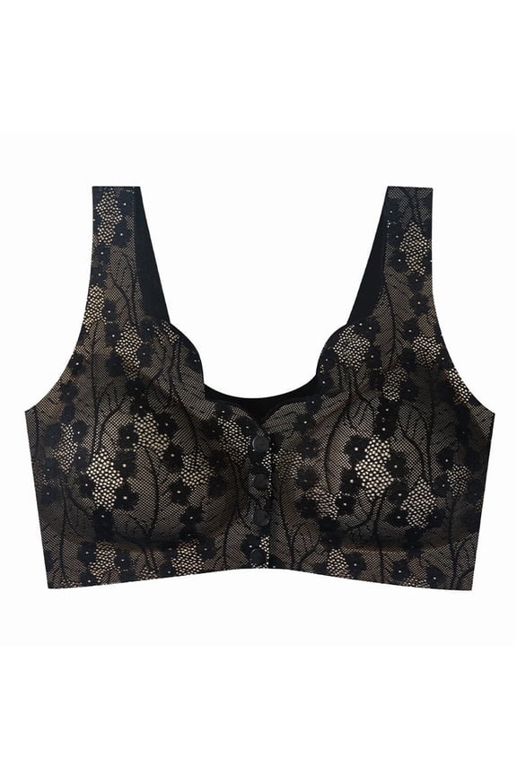 Women's Front Open Buckle Without Steel Ring Lace Bra Ultra-Thin Models Plus Size Bra Daily Bra Black L