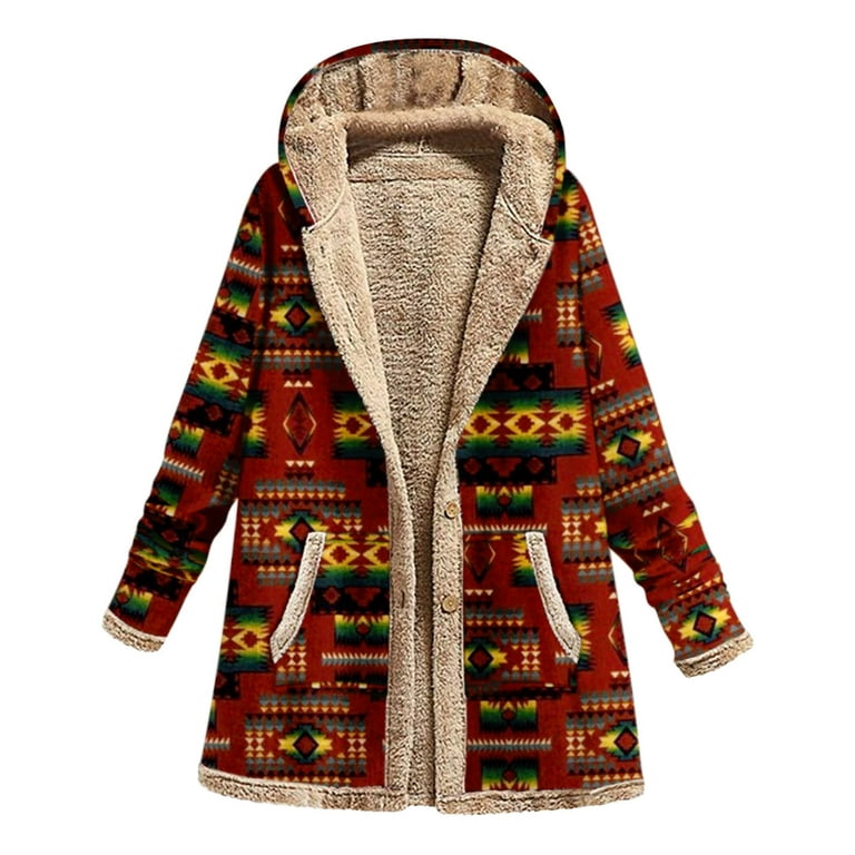 JGGSPWM Women's Fuzzy Fleece Coat Winter Warm Button Jacket Aztec Ethnic  Western Casual Long Sleeve Hooded Outerwear with Pockets Wine M 