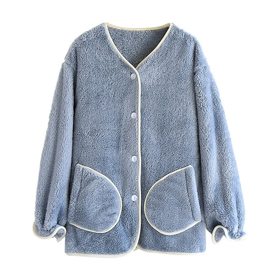 JGGSPWM Women's Fuzzy Fleece Jacket Button Long Sleeve Soft Plush Winter Coats Thick Warm Sherpa Outwear with Pockets Blue XL