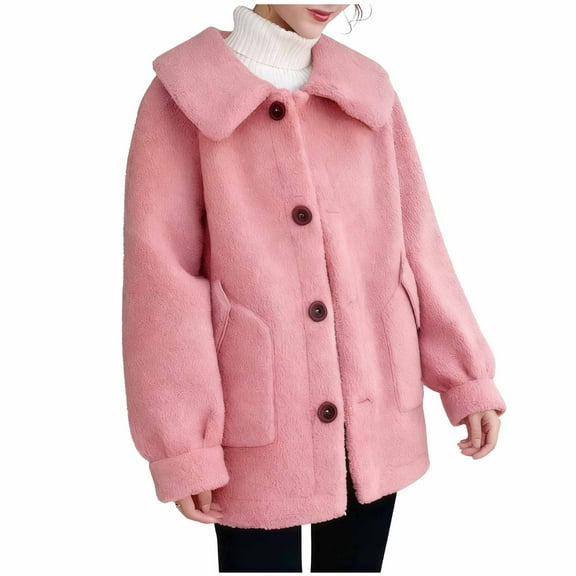 JGGSPWM Women's Fuzzy Fleece Jacket Casual Solid Color Pockets Button-Up Turndown Collar Long Sleeve Hoodless Casual Outwear Pink M