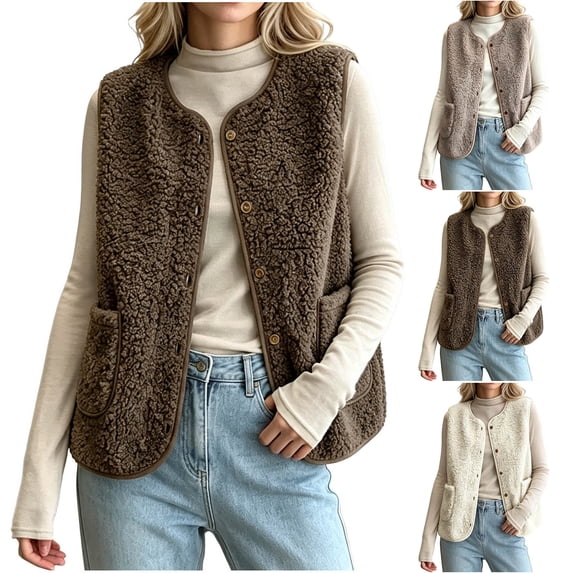 JGGSPWM Women's Fuzzy Sherpa Fleece Button Down Vest Fluffy Outerwear, Sleeveless Jackets, Collarless, Pockets, Fall Winter Coat Tops Yellow S