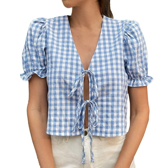 JGGSPWM Women's Gingham Crop Top Puff Sleeve V-Neck Tie Front Blouse Plaid Summer Shirt with Elastic Cuffs Blue XL